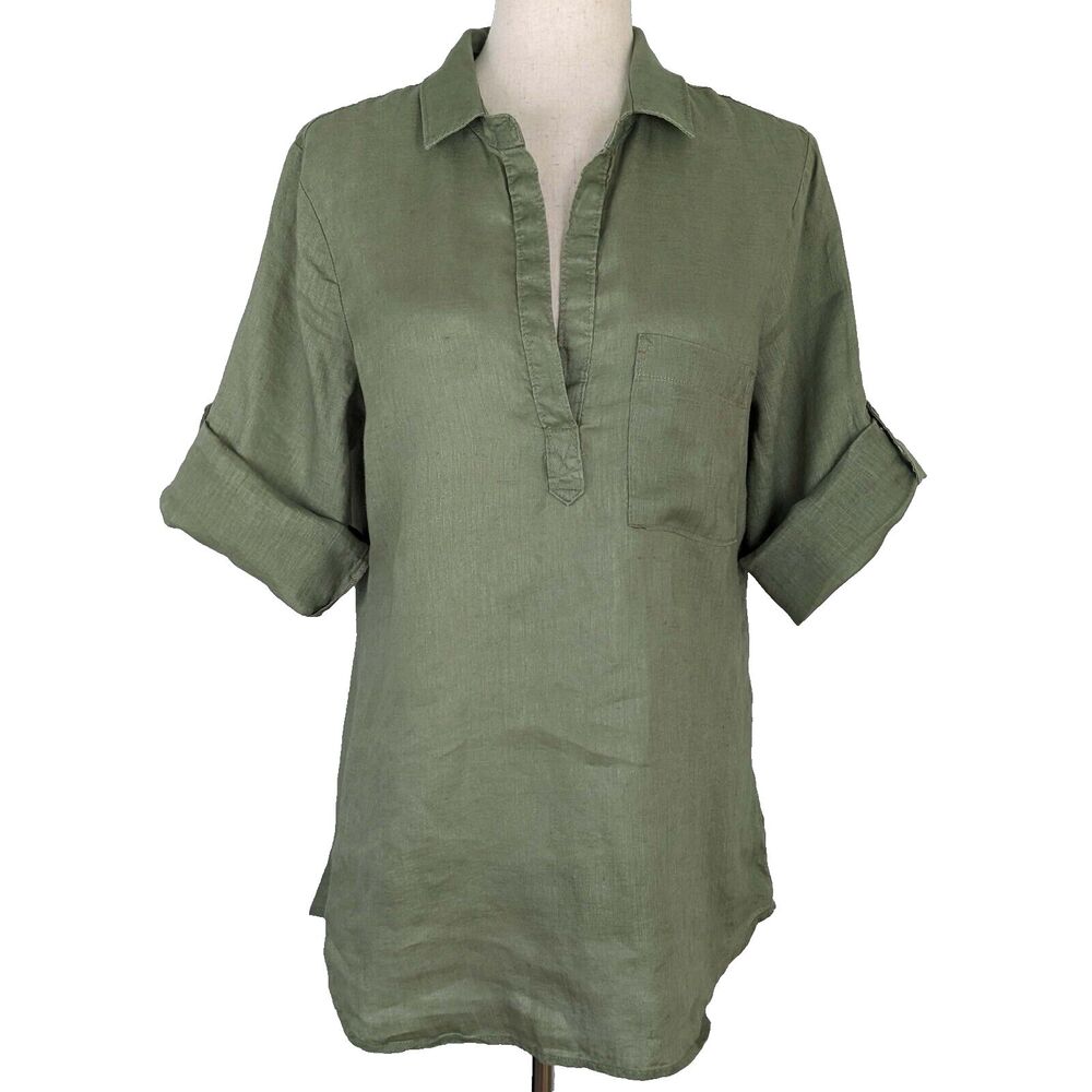 Bella Dahl Womens LG Green 100% Linen Pullover Tunic Top